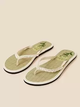 image of Accessorize Pearl Embroidered Seagrass Flip Flop, White, Size S, Women