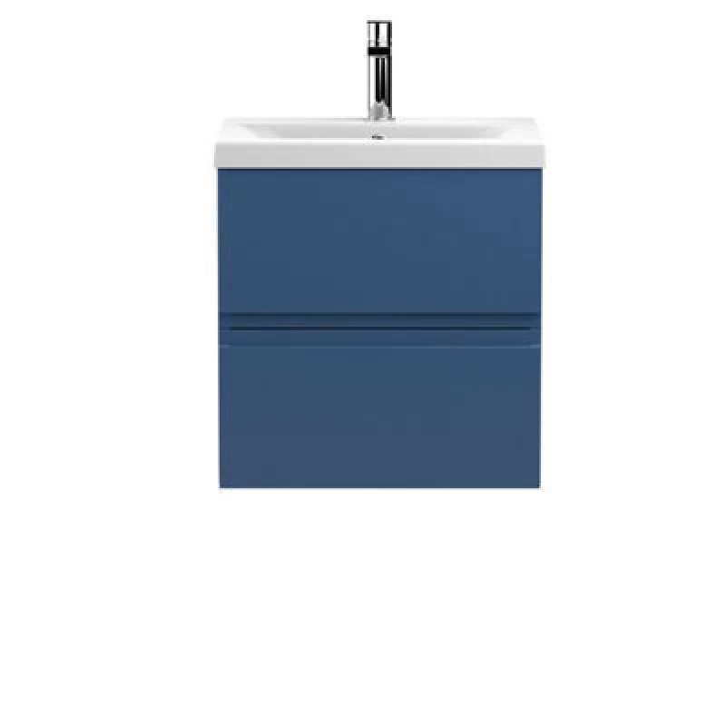 Image of Nuie Hudson Reed Urban Wall Hung 2 Drawer Vanity Unit With Mid-Edge Ceramic Basin, Modern Bathroom Furniture In Satin Blue, 500mm
