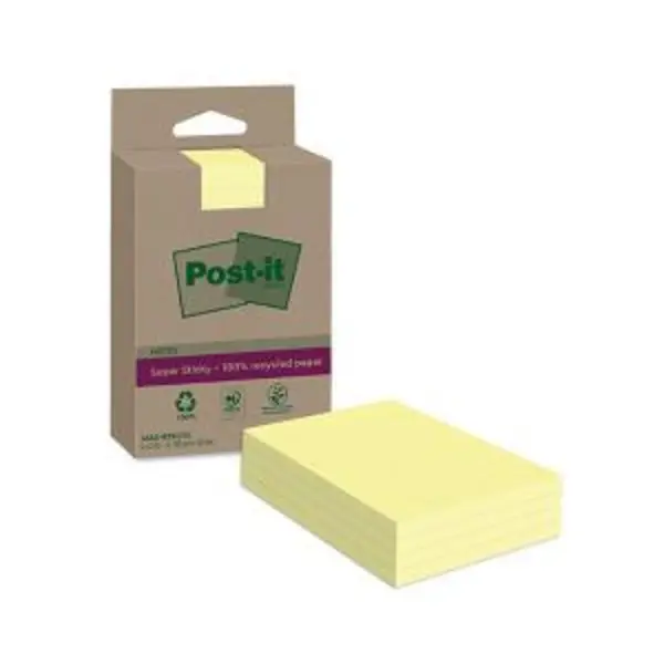 Image of Post-it Super Sticky Recycled Notes Lined 102x152mm 45 Sheets Canary 3M14285