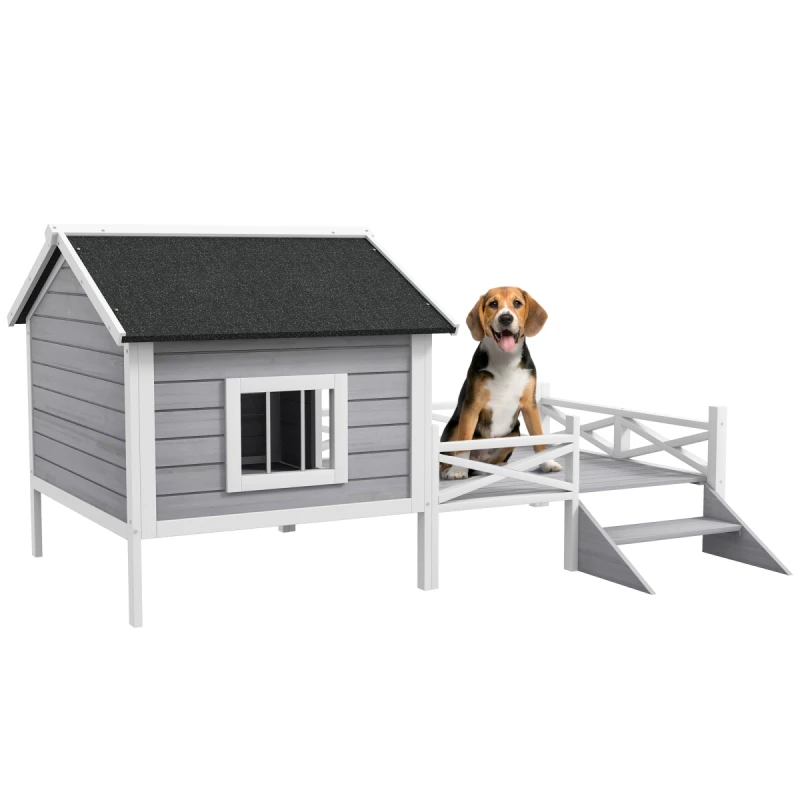 Image of PawHut Wooden Dog House w/ Porch, Water-resistant Roof, for S M Dogs, Grey D04-089V01GY