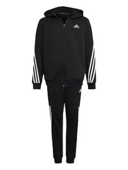 image of adidas Junior Boys 3 Stripe Full Zip Hood Tracksuit, Black, Size 7-8 Years