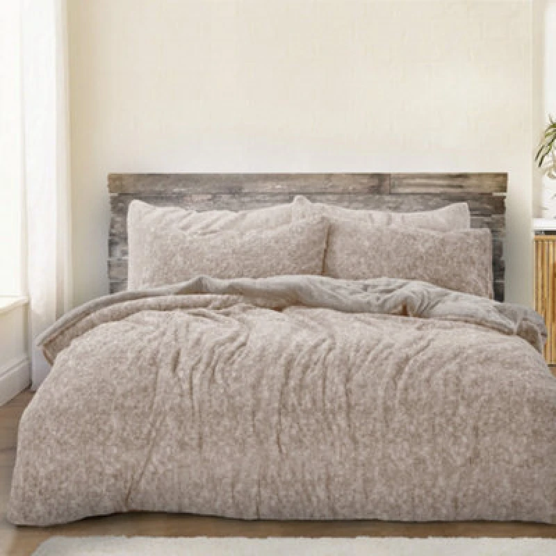 Image of Velosso Teddy Fleece Duvet Cover & Pillowcase Set, Luxurious Look & Warm Bedding, Machine Washable Bedroom Decor - Natural