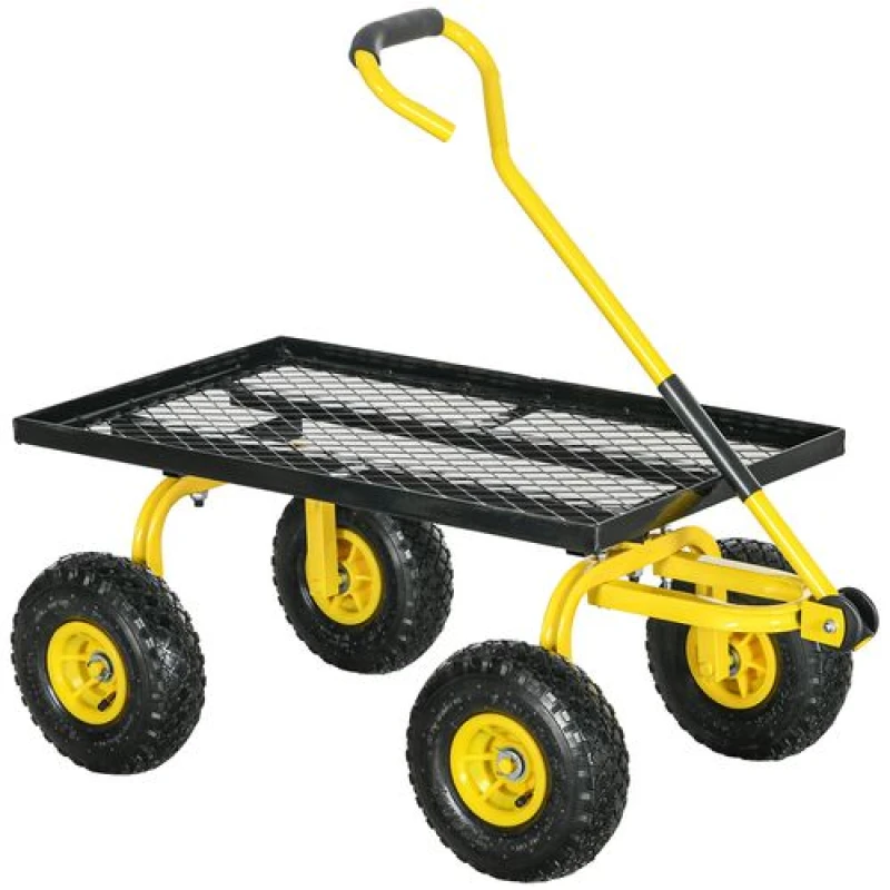 Image of Outsunny Trolley Cart with Pneumatic Wheels and Rotating Handle, Yellow Yellow