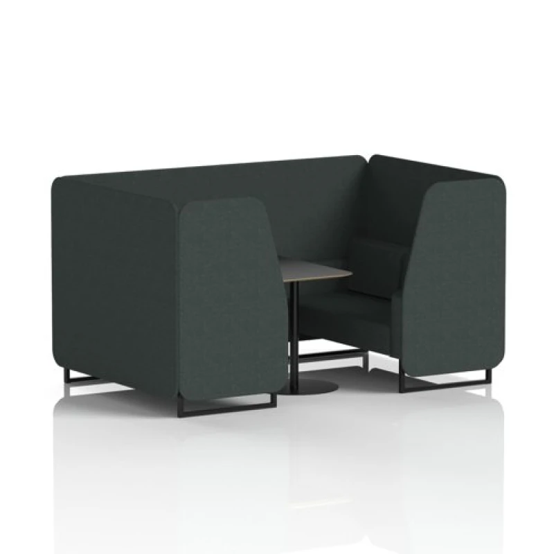Image of Brixworth 4 Seater Office Booth with Front Panel - Black Legs and Black Table with Black Leg in Rivet Fabric - Charcoal Panels and Sofa