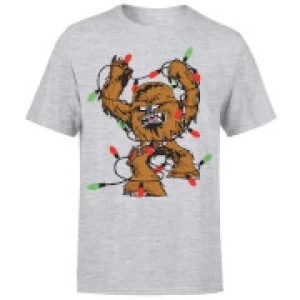 Image of Star Wars Christmas Chewbacca Tangled Fairy Lights Grey T-Shirt - L