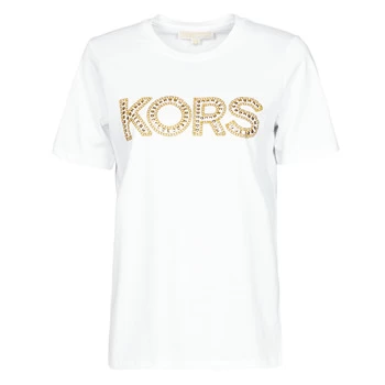 image of Michael Kors STUDDED CLASSIC TEE womens T shirt in White - Sizes S,L,XS