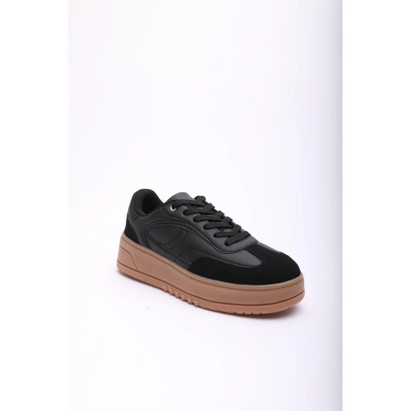 Image of Wheres That From Low Wedge Lace up trainer with leopard print heel detail Black female 4 (37)