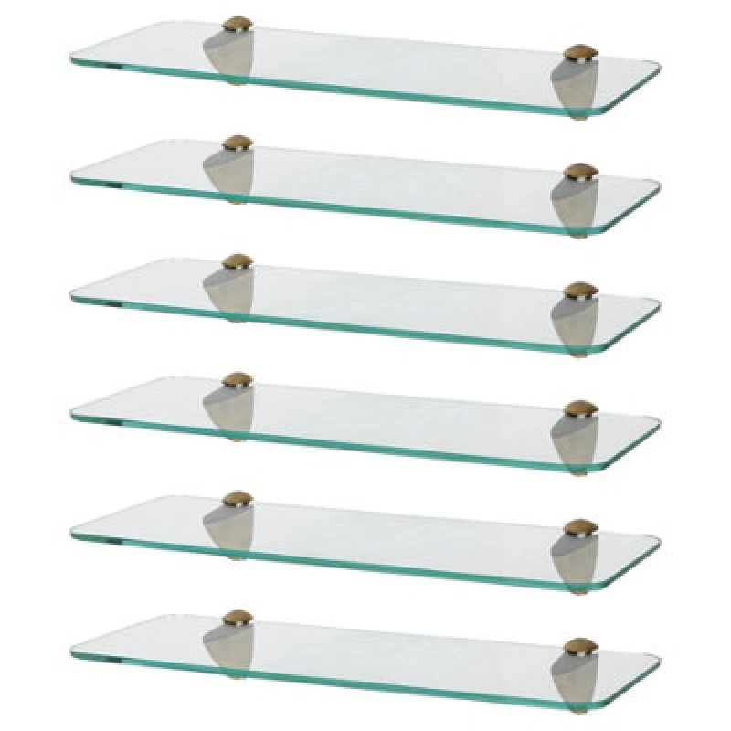 Image of Harbour Housewares 6X Rounded Floating Glass Shelves - 40Cm - Gold Brackets - Bathroom Shower Storage Vanity Display Unit Shelf