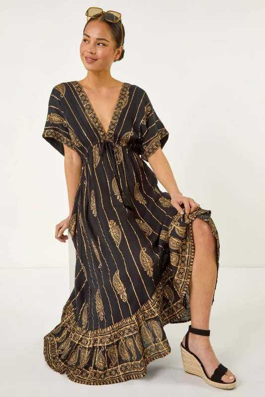 Image of Roman Womens Petite Foil Print Boho Maxi Dress in Black Size: 10 Black Female 10