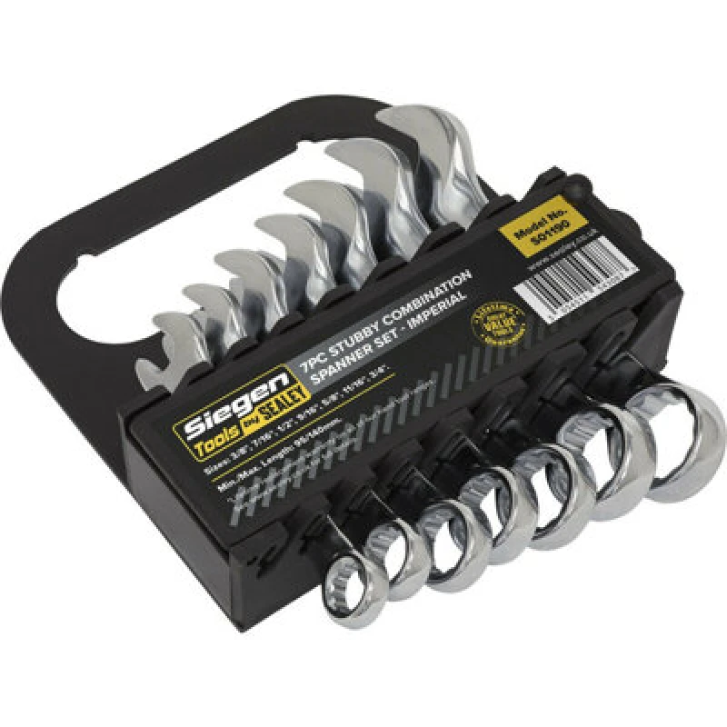 Image of Loops 7pc STUBBY Short Handled Combination Spanner Set - 12 Point Imp Ring Open Head Multi