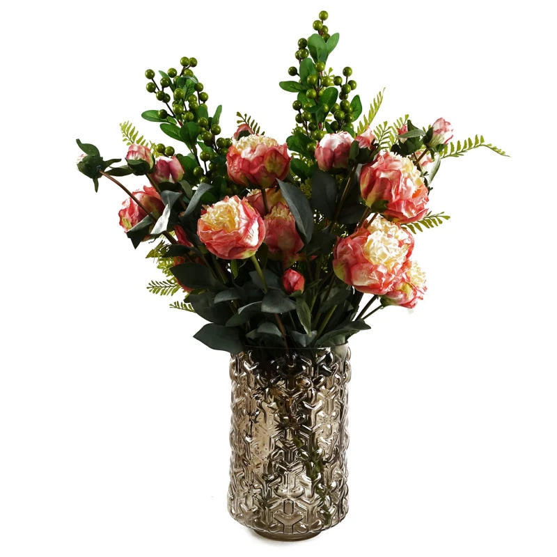 Image of Leaf 70cm Pink Peony Arrangement Glass Vase