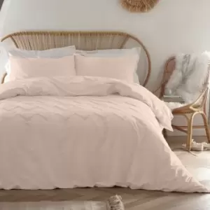 Image of Boutique Chevron Tuft Embellished 100% Cotton Duvet Cover Set, Blush, Double - Appletree