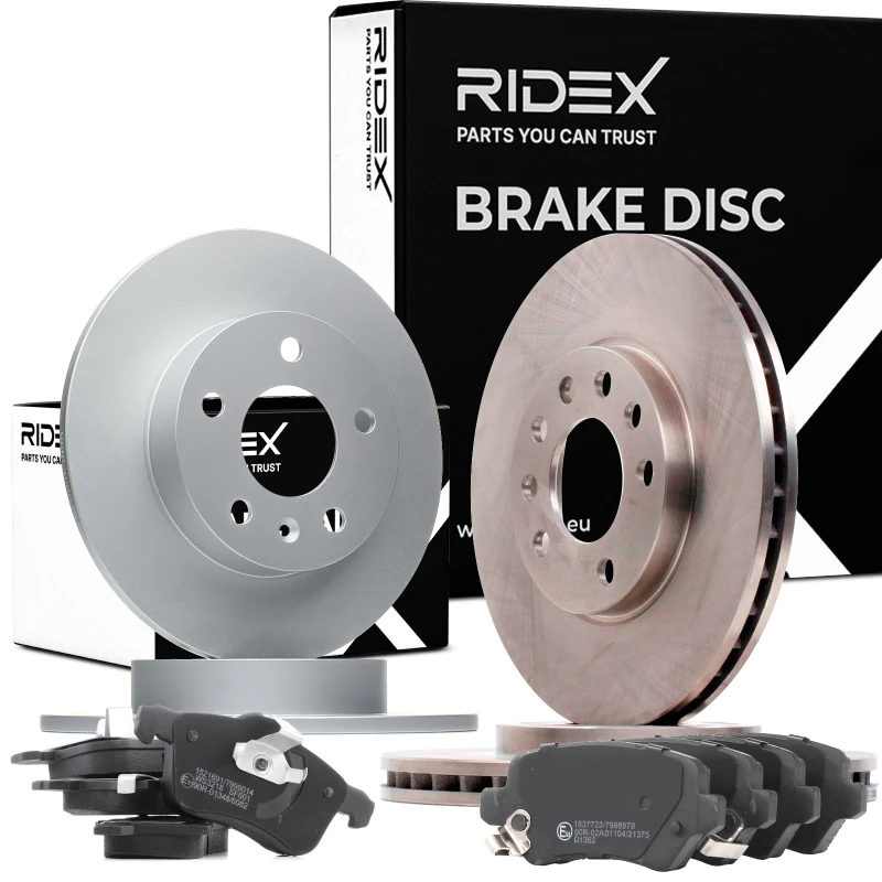Image of RIDEX 3405B0318 Brake disc and pads set Front Axle, Brake Disc Type: internally vented, with acoustic wear warning Brake Set,disc brakes (3405)