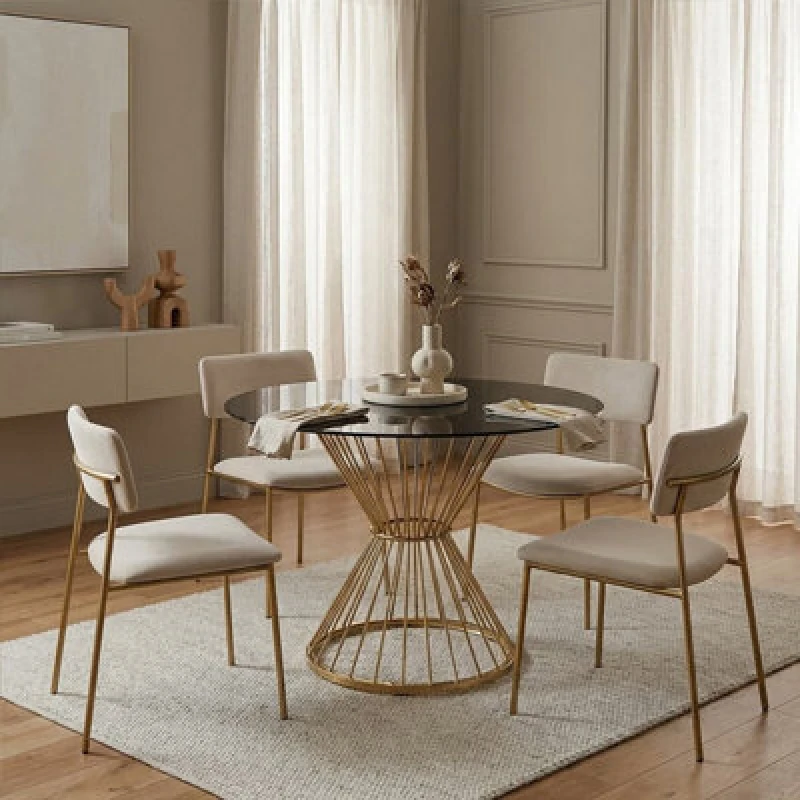 Image of Orsina Luxe Hourglass Dining Table With Black Glass And Gold Base,stylish Lounge Table, Patio Table, Kitchen Table