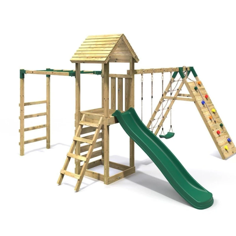 Image of Rebo Wooden Climbing Frame with Swing, Climbing Wall, Monkeybars and Slide - Dolomite Green Green