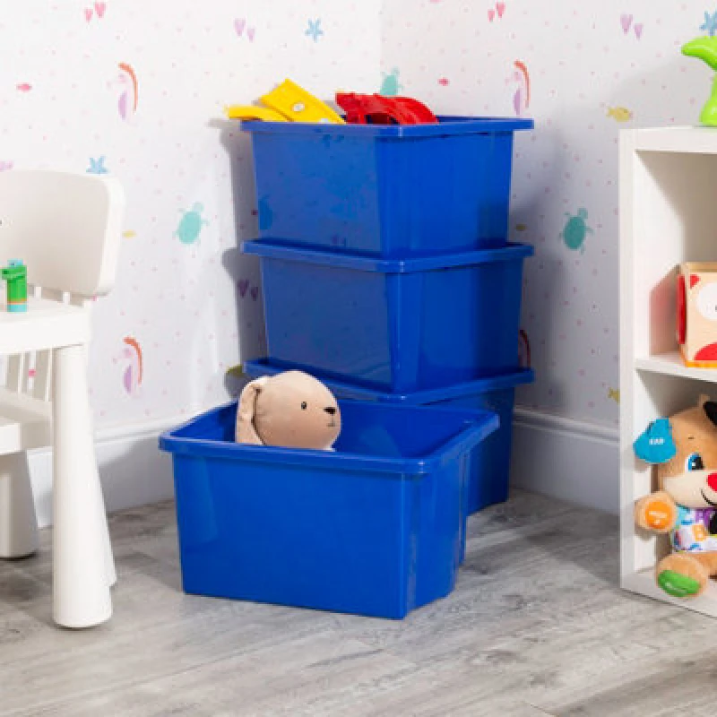Image of Wham Stack & Store 4X 35L Plastic Storage Boxes. Ideal For Toys, Classrooms & Playrooms. Integrated Handles. Blue