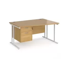 image of Office Desk Right Hand Wave Desk 1400mm With Pedestal Oak Top With White Frame Maestro 25 MC14WRP2WHO