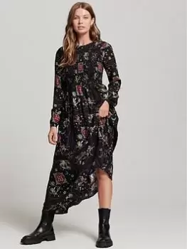 Image of Superdry Vintage Long Smocked Dress - Multi, Size 12, Women