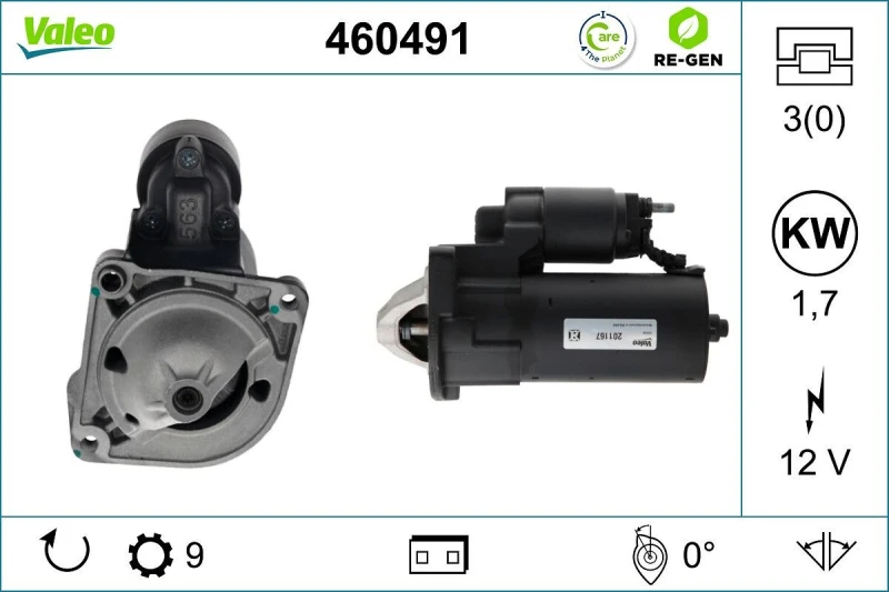 Image of VALEO 460491 Starter motor VALEO RE-GEN REMANUFACTURED 1,7kW, 12V, Number of Teeth: 9 Starter (2)