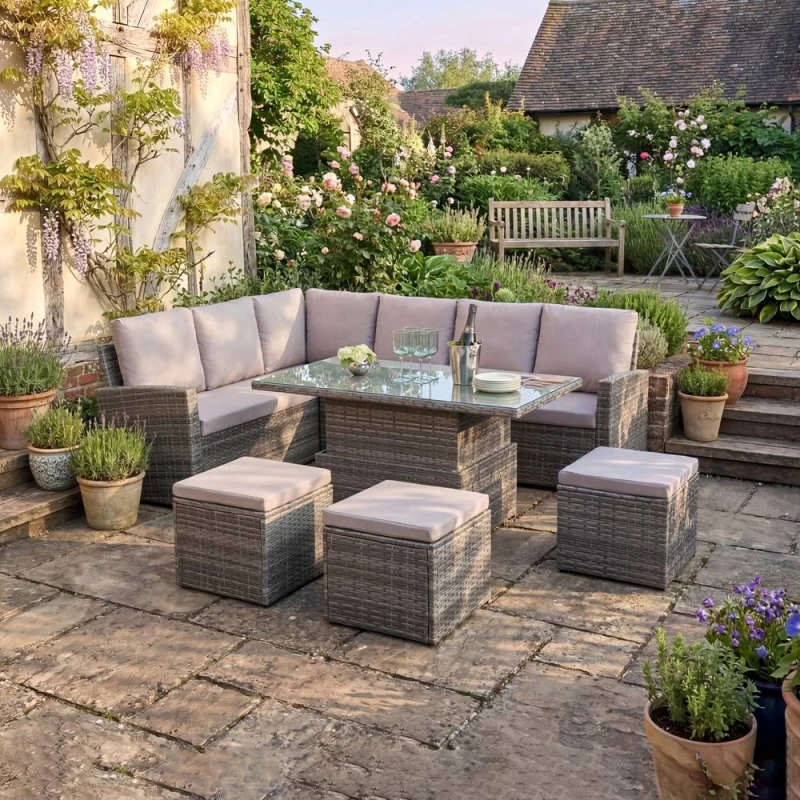 Image of Home Garden Direct Pelias - Rattan Corner Sofa Set with Rising Table - 8 Seats in Grey Grey Unisex