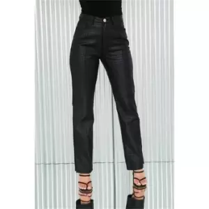 image of I Saw It First Black Stretch Croc Coated Denim Split Hem Jeans - Black