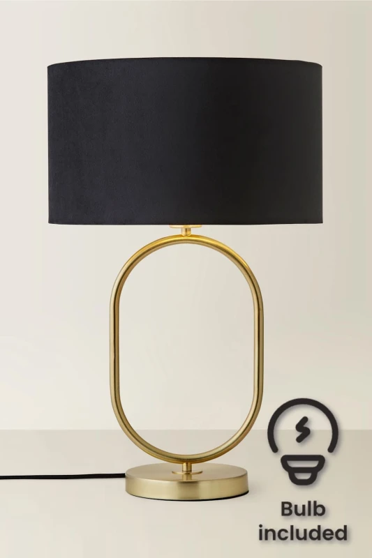 Image of ValueLights Antonia Black Velvet & Gold Drum Shade Brushed Gold Oval Table Lamp & LED Bulb Gold Unisex