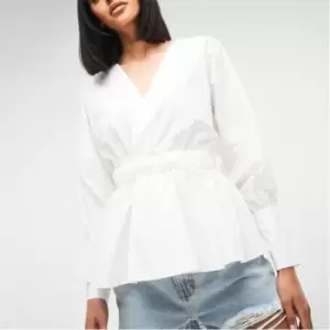 image of Missguided Wrap Front Cinched Waist Blouse - White