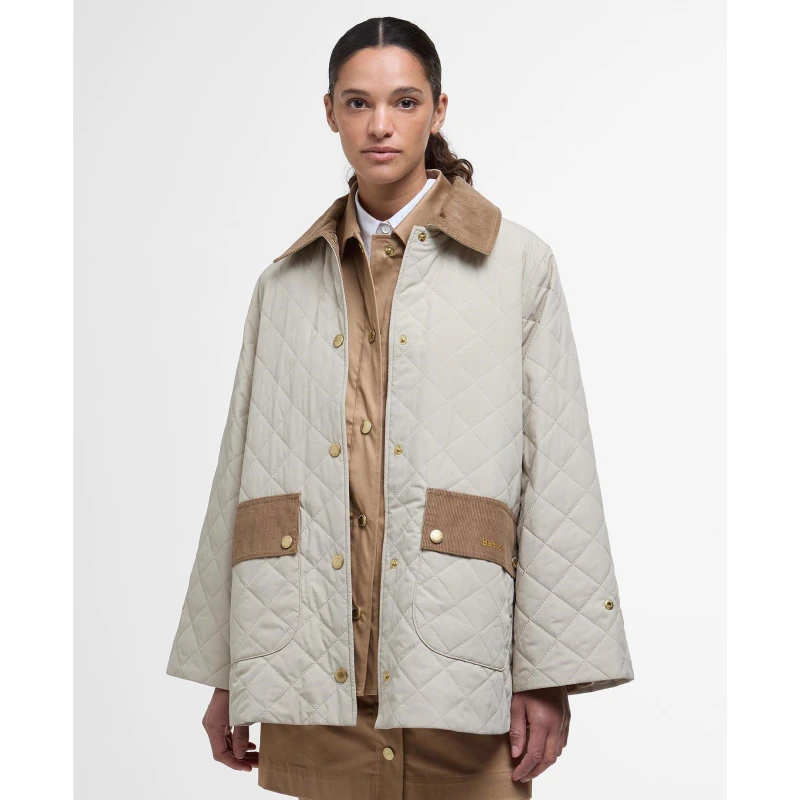 Image of Barbour Womens Corinne Corduroy Trim Long Sleeve Quilted Jacket Light Sand/An female 10 (S)