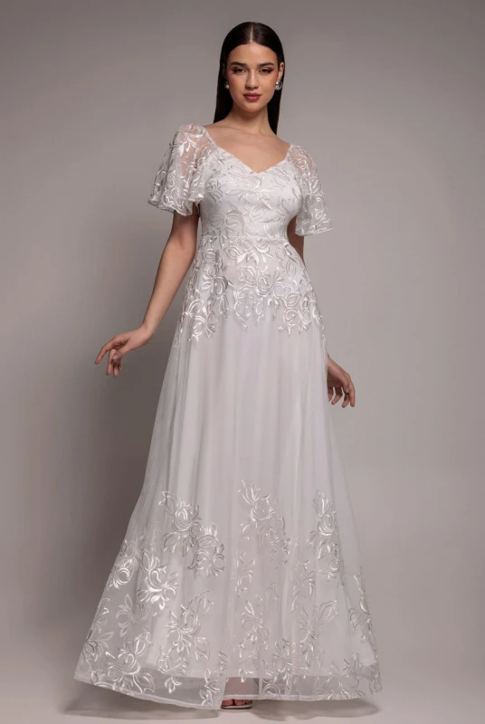Image of Goddiva Womens Lace Flutter Sleeve Embroidered Mesh A Line Maxi Dress in White Size: 8 White Female 8