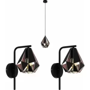 Image of Ceiling Pendant Light & 2x Matching Wall Lights Black & Copper Geometric Shade