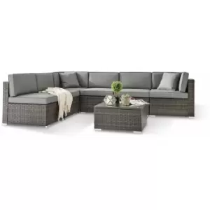 Image of Furniturebox UK - Furniturebox orlando Brown 6 Seater Modular pe Rattan Outdoor Garden Sofa Set with Glass Topped Coffee Table and Grey Cushions
