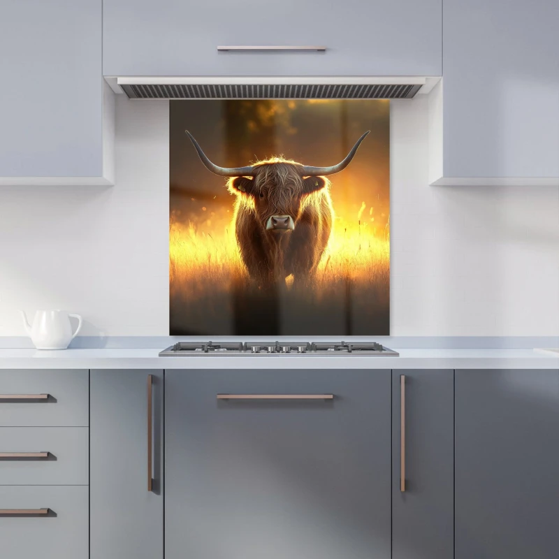 Image of Warren Reed - Designer Highland Cow Sunset Kitchen Splashback in Orange Size: 700mm x 750mm Orange Unisex 700mm x 750mm