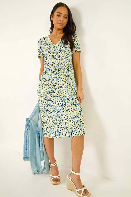 Image of Roman Womens Petite Floral V-Neck Stretch Dress Size: 18 Multicolor Female 18