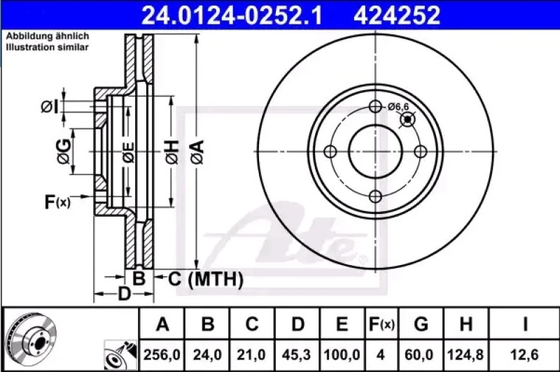 Image of ATE 24.0124-0252.1 Brake disc Vented, Coated Brake Disc (82)