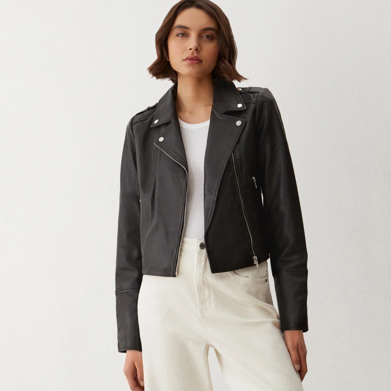 Image of Finery Womens Faith Leather Long Sleeve Biker Jacket Black female 8 (XS)
