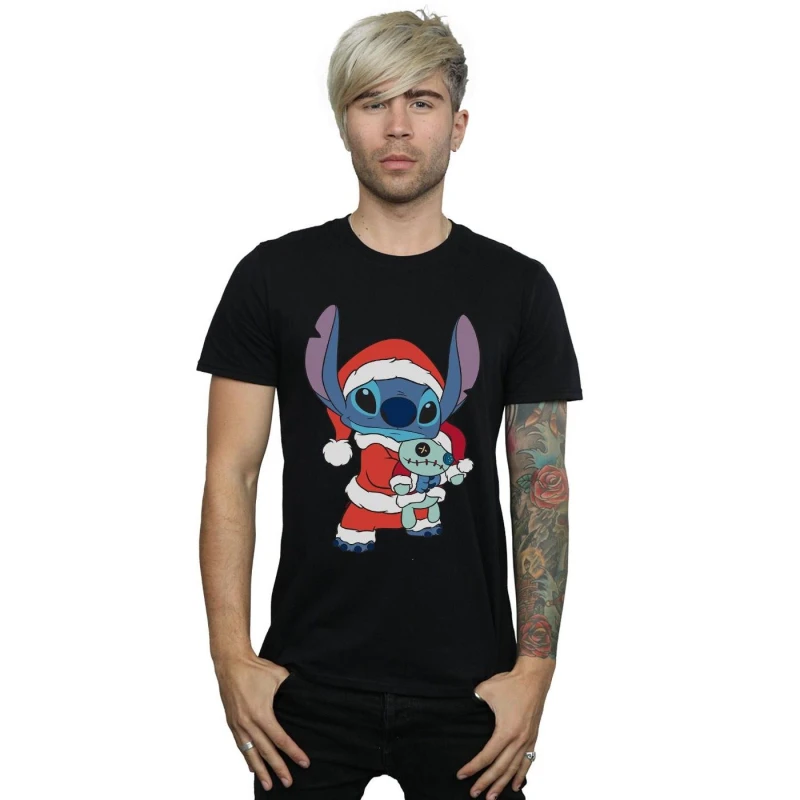 Image of Disney Men Lilo And Stitch Stitch Christmas T-Shirt in Black Size: Small Black S Male 5059400307412