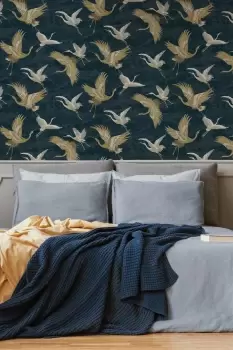 Image of Sublime Kranes Petrol Blue Animal Wallpaper