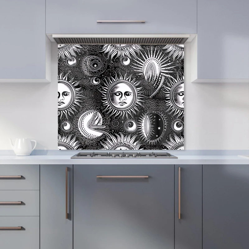 Image of Warren Reed - Designer Moon & Sun Black White Kitchen Splashback Size: 600mm x 750mm Black Unisex 600mm x 750mm
