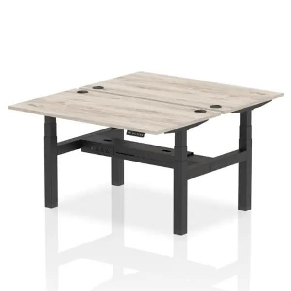 Image of Air Air Back-to-Back 1400 x 800mm Height Adjustable 2 Person Bench Desk Grey Oak Top with Cable Ports Black Frame HASCP2P14800GRYB
