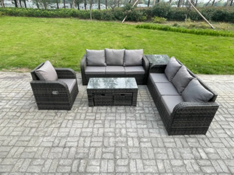 Image of Fimous 9 Seater Outdoor Lounge Sofa Set Rattan Garden Furniture Set with Rectangular Coffee Table 2 Small Footstools 3 Seater Sofa Dark Grey