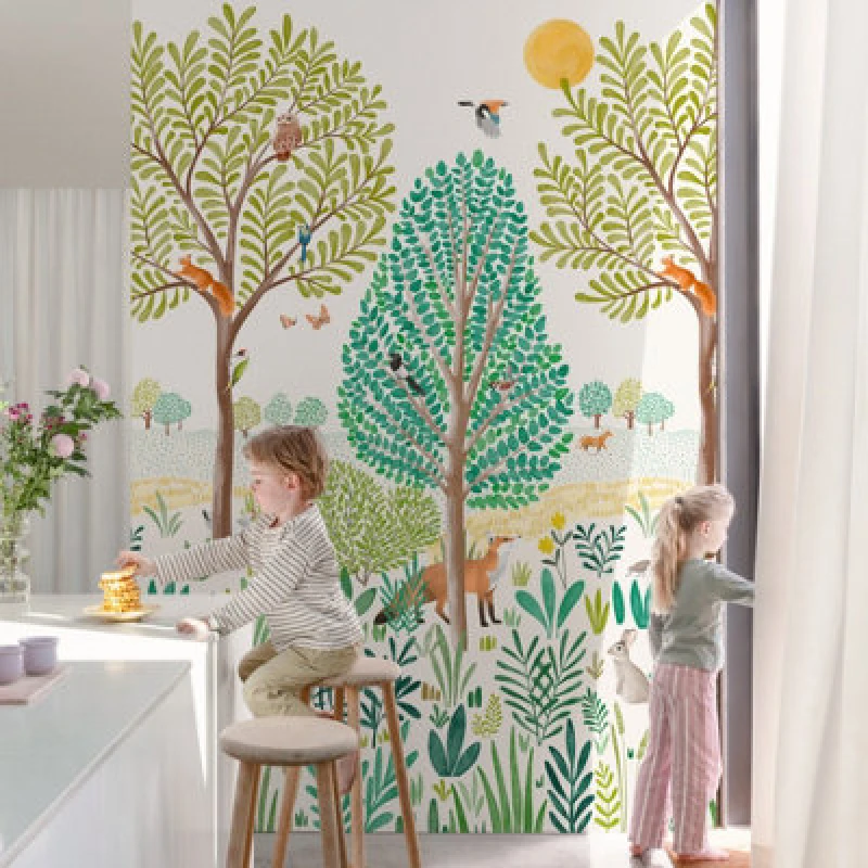 Image of Grandeco Grena Trees And Animals 3 Lane Repeatable Wallpaper Kids Nursery Mural, 1.59 X 2.8M,