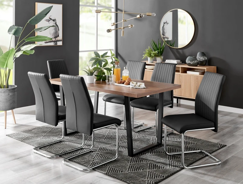 Image of FurnitureboxUK FurnitureboxUK Kylo Large Brown Wood Effect Dining Table & 6 Lorenzo Faux Leather Chairs in Black One Size Unisex 5056657119843