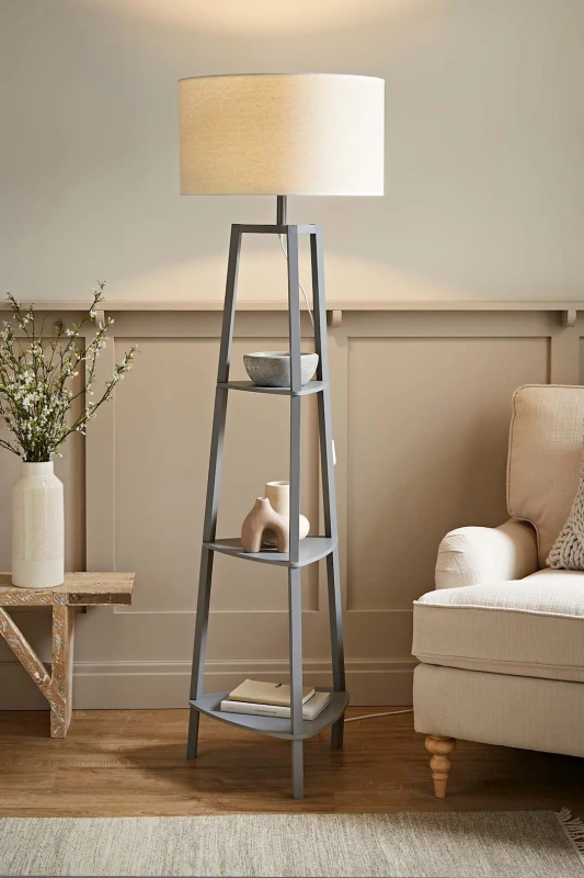 Image of ValueLights Hiru Grey Three Tier Shelved Wooden Floor with Linen White Trim Drum Lamp Shade Grey