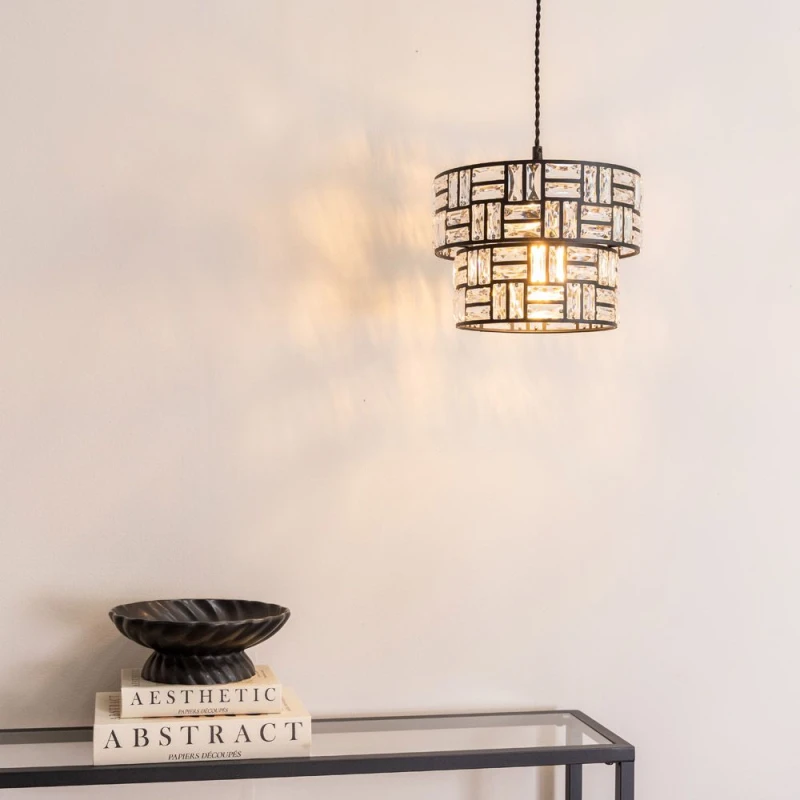 Image of ValueLights Elise Pair of Acrylic Jewel Two Tier Easy Fit Lamp Shades with LED Bulbs Black