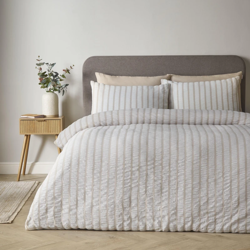 Image of Catherine Lansfield So Soft Seersucker Stripe Duvet Cover Bedding Set Natural