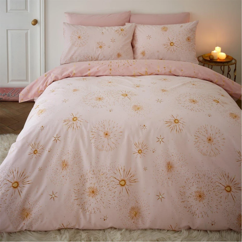 Image of Catherine Lansfield Sparkle Reversible Duvet Cover Bedding Set Pink