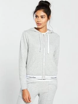 Image of Calvin Klein Modern Cotton Lounge Zip Through Hooded Top - Grey, Size L, Women