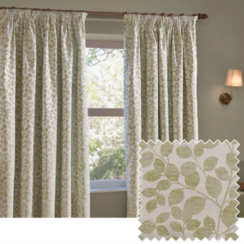 Image of Wylder Grace Leaf Jacquard Room Darkening Pencil Pleat Curtains Sage 117Cm Width 137Cm Drop, Green 5025532389695
