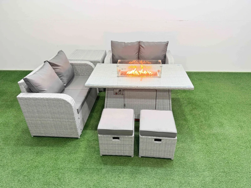Image of Fimous 6 Seater Outdoor Love Sofa Set Rattan Garden Furniture Set with Firepit Dining Table 2 Small Stools Side Table Light Grey Light Grey