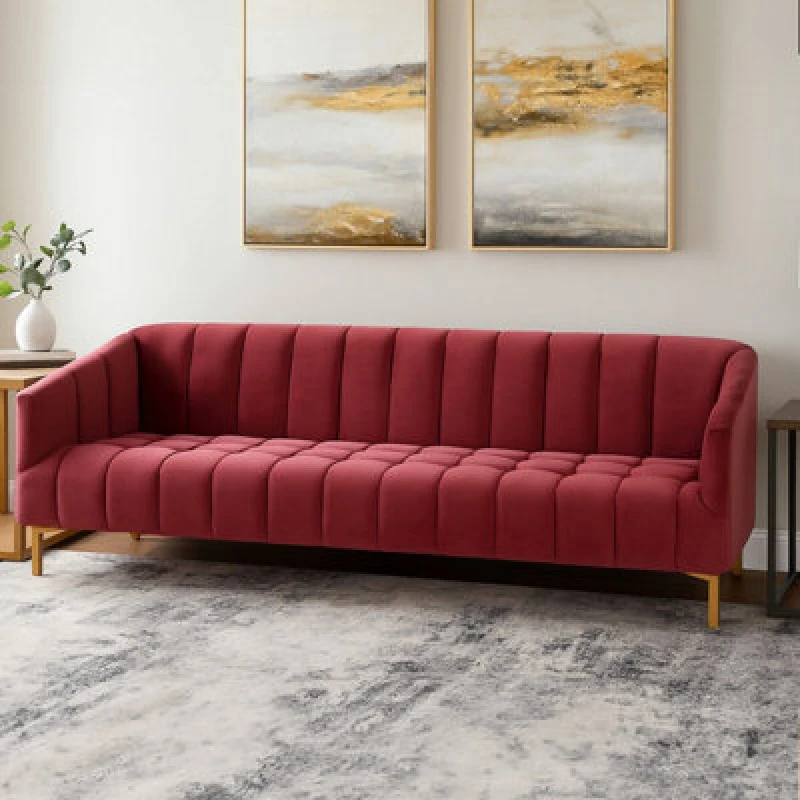 Image of Orsina 3 Seat Wine Velvet Sofa With Brushed Gold Stainless Steel Legs, Bold Channel Tufted Luxury Lounge Sofa